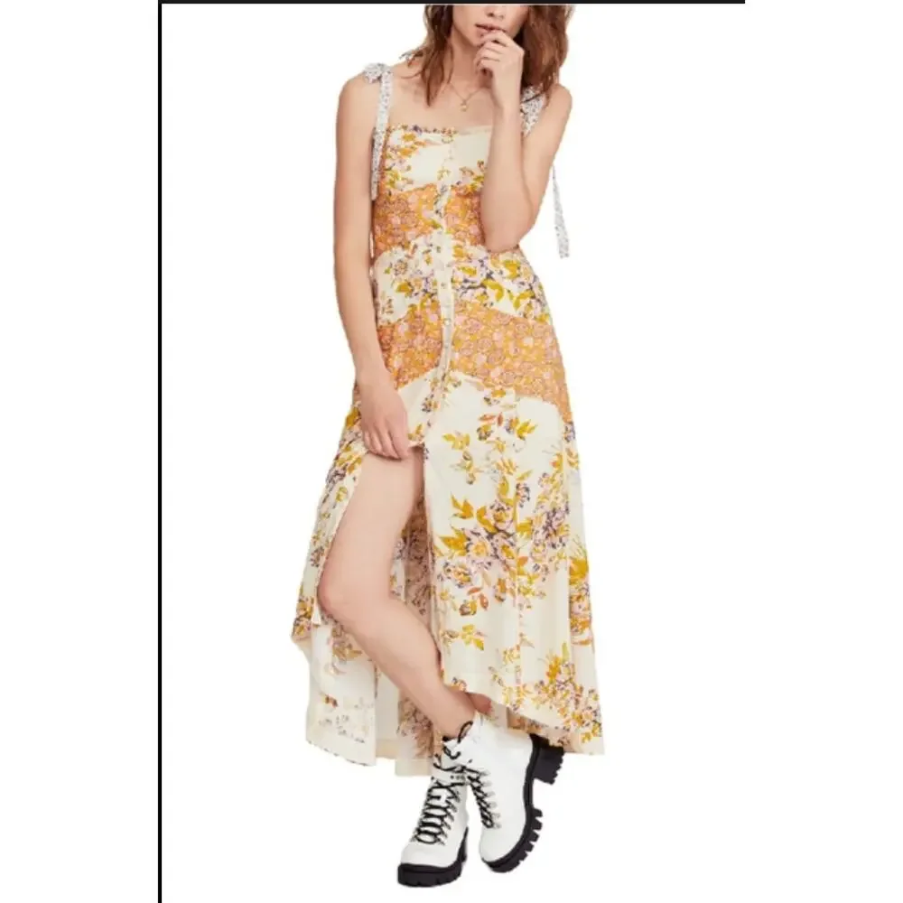 FREE PEOPLE Light Combo Lover Boy Tie Strap Button Up Maxi Dress OB902389 Boho 0 - Picture 10 of 10